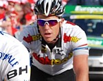 Kim Kirchen at the finish of stage 5 of the Tour de Suisse 2008